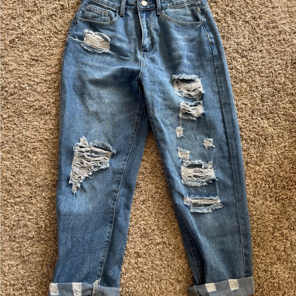 Blue Boyfriend Jeans with Distressed Details